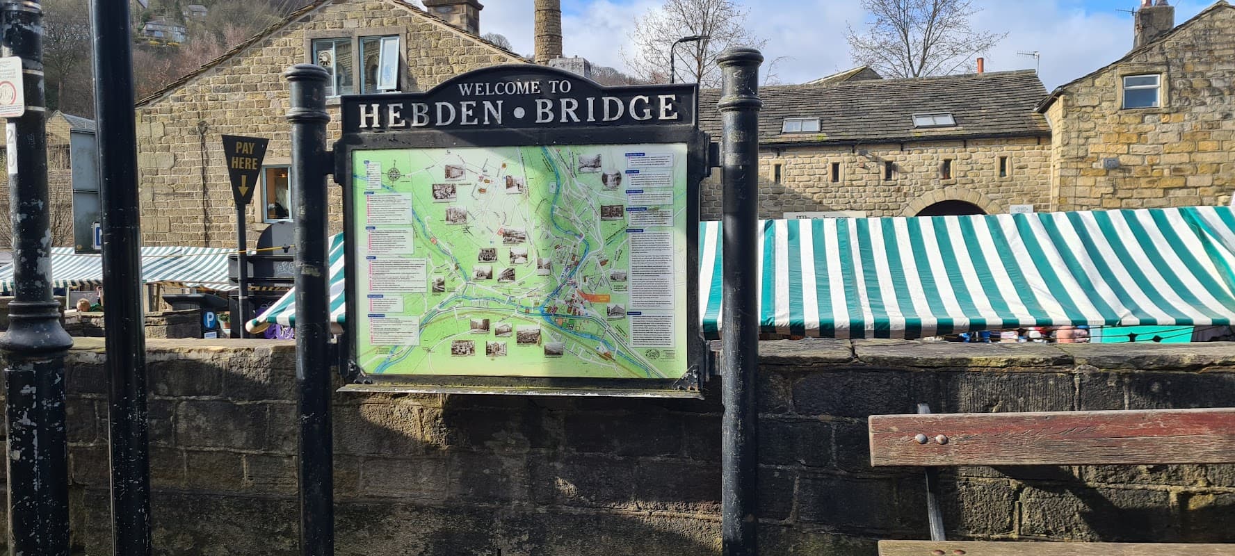 Welcome sign with a map of Hebden Bridge, stone buildings, and striped market tents in a park setting.