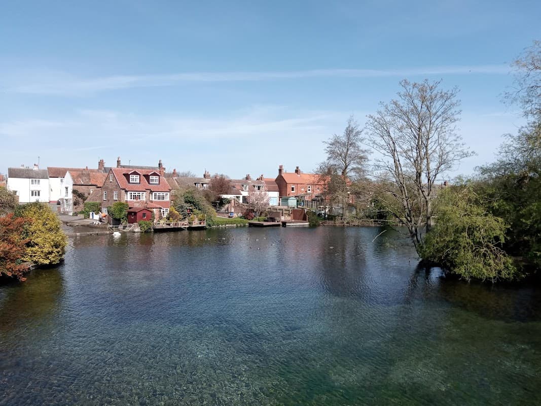 Scenic view of Nafferton Mere with clear water, surrounded by quaint houses and trees under a blue sky.