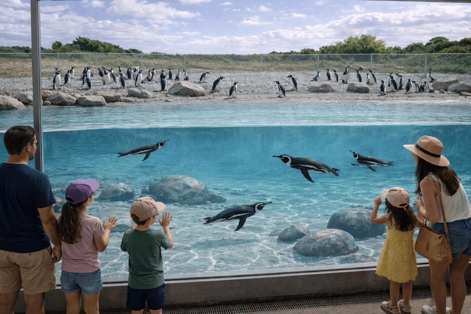 Families watching penguins swim in a clear outdoor enclosure