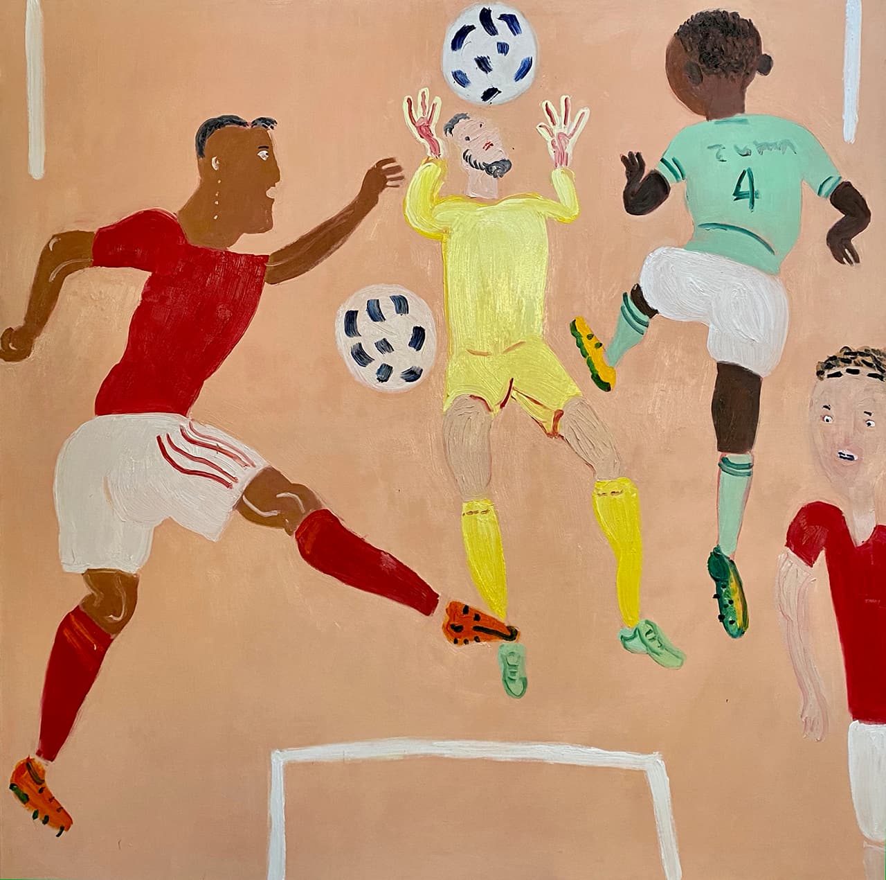Colorful painting of four soccer players in action