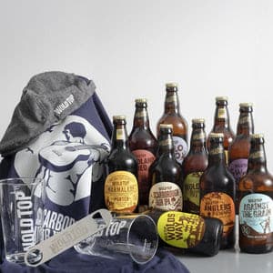 Assorted Yorkshire craft beer bottles with branded merchandise
