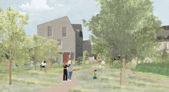 Modern grey brick houses with families in lush green park