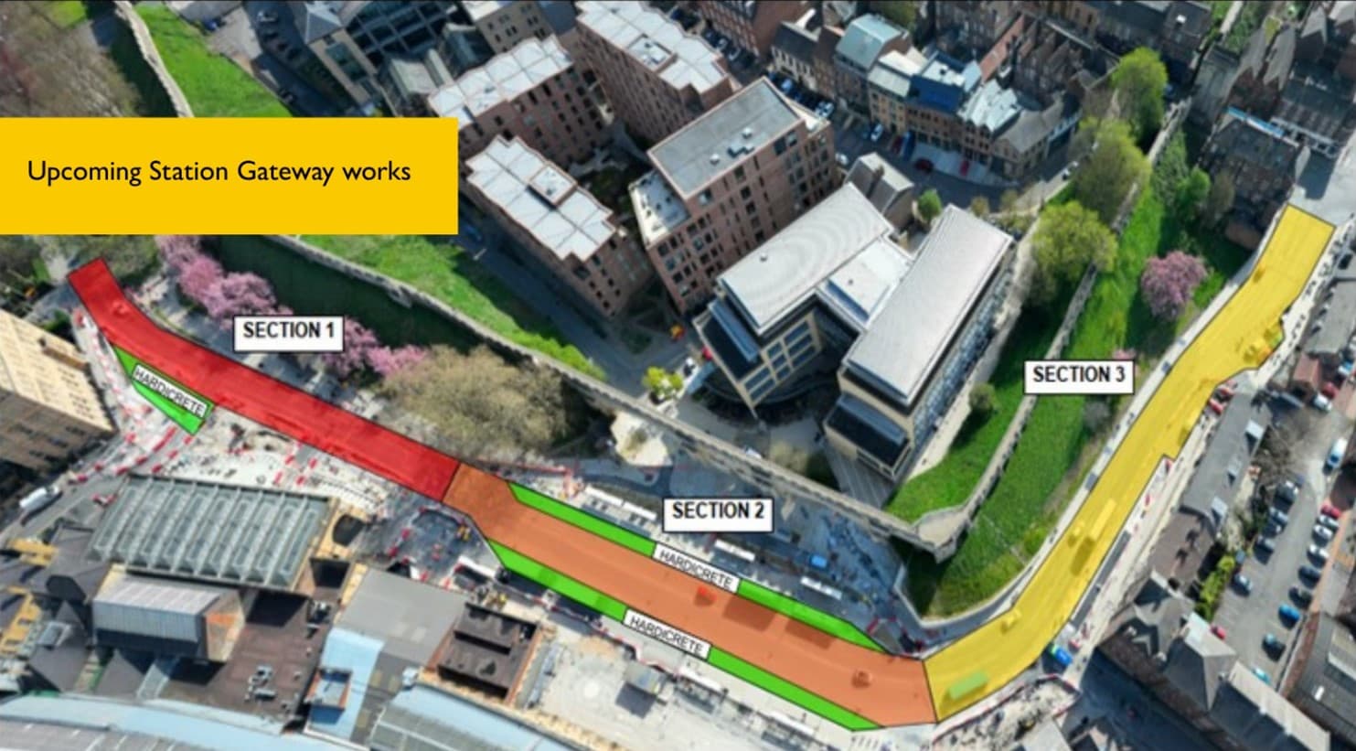 Aerial view of planned station gateway works in urban area