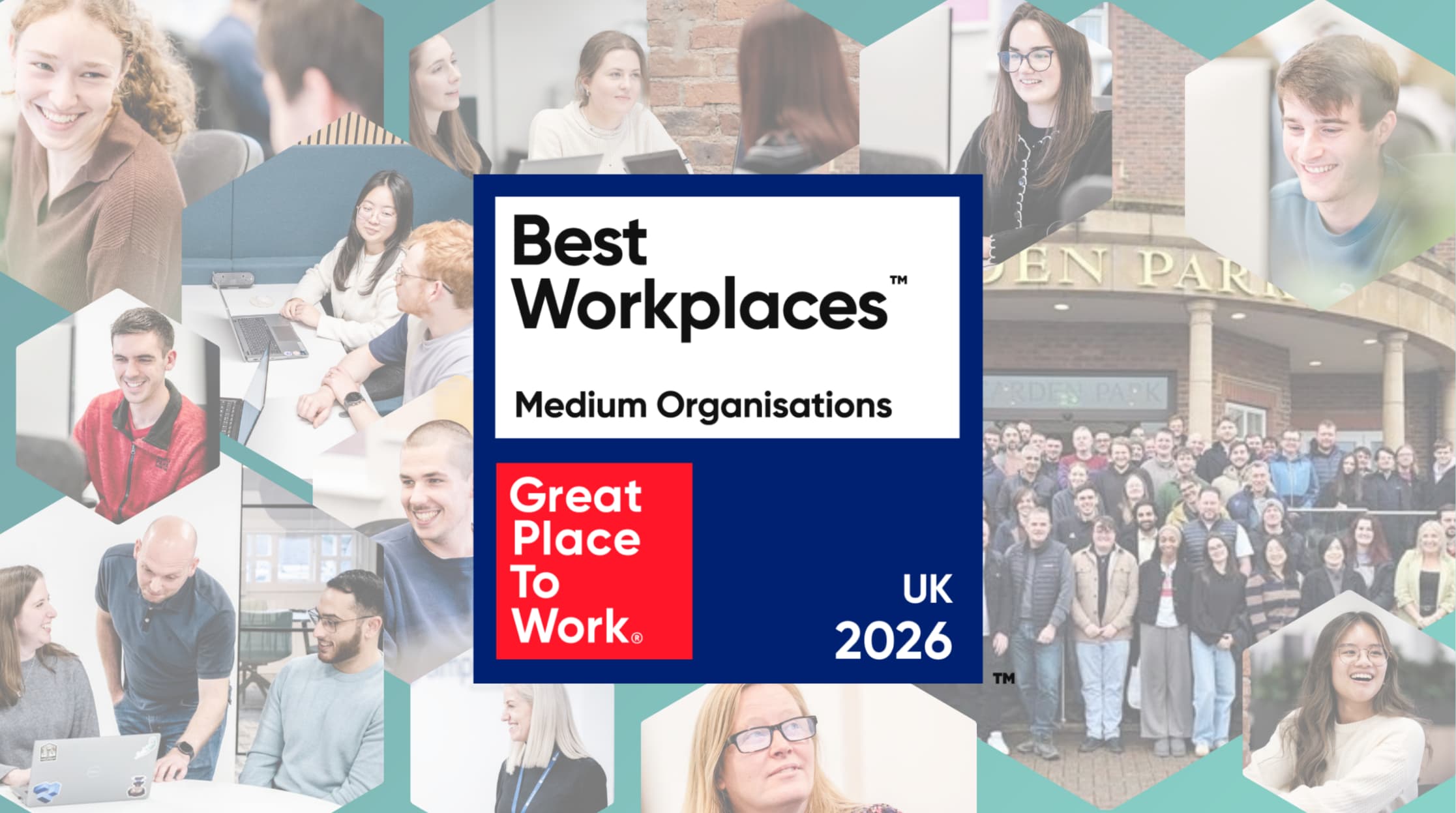 Collage of smiling people in office setting and group photo outside