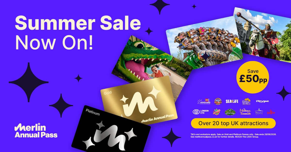 Colorful Merlin Annual Pass advertisement with summer sale details