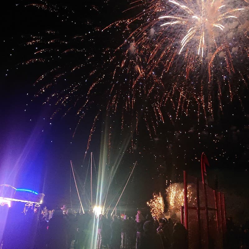 Colorful fireworks illuminate the night sky above a crowd enjoying a festive event at Burgoyne Park in Aston.