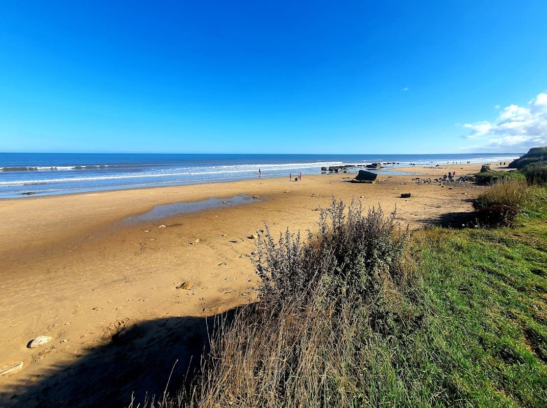 Wide sandy beach at Fraisthorpe with gentle waves, blue sky, and sparse vegetation along the shore.