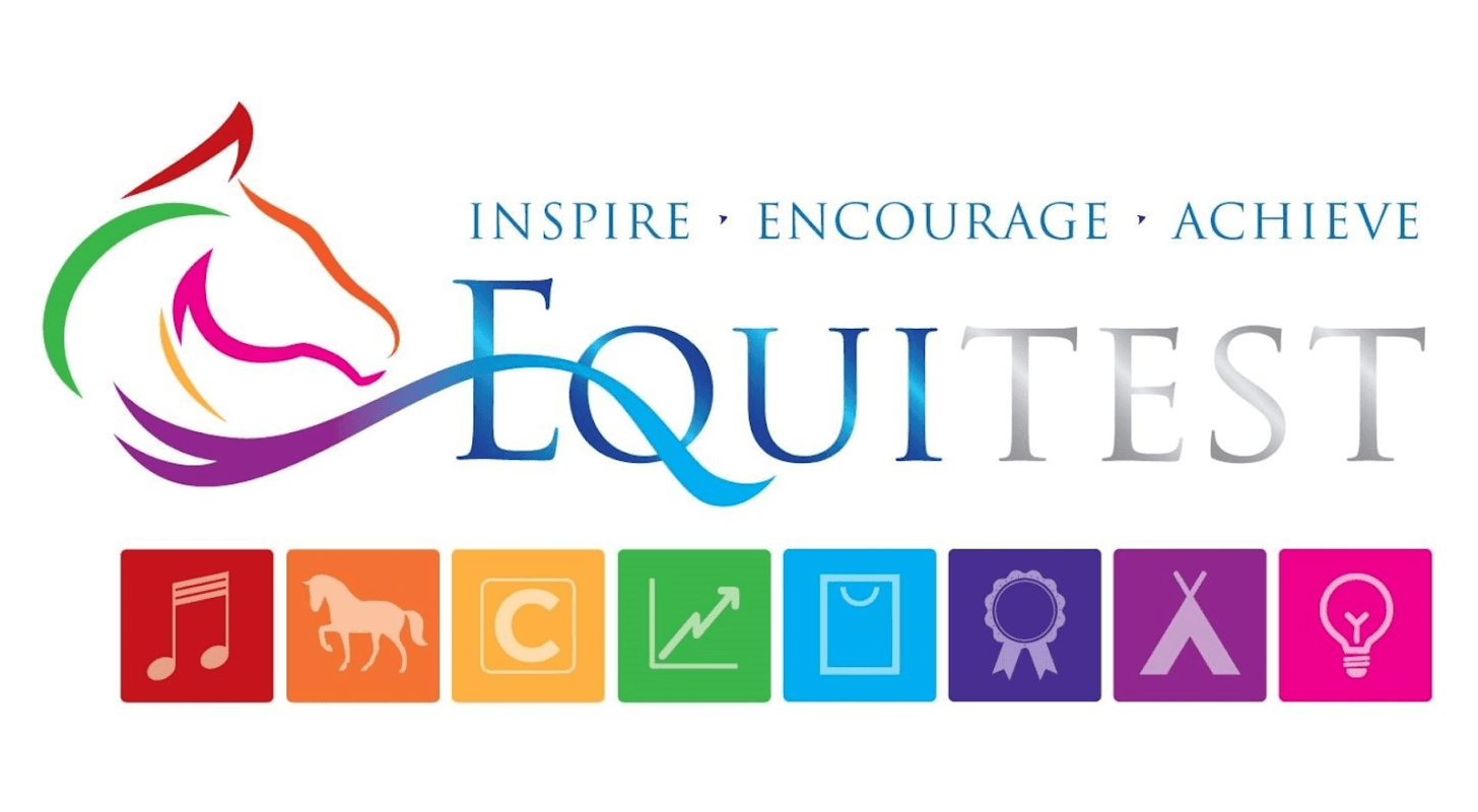 Colorful logo for EquiTest featuring a horse silhouette and icons representing music, education, and achievement.