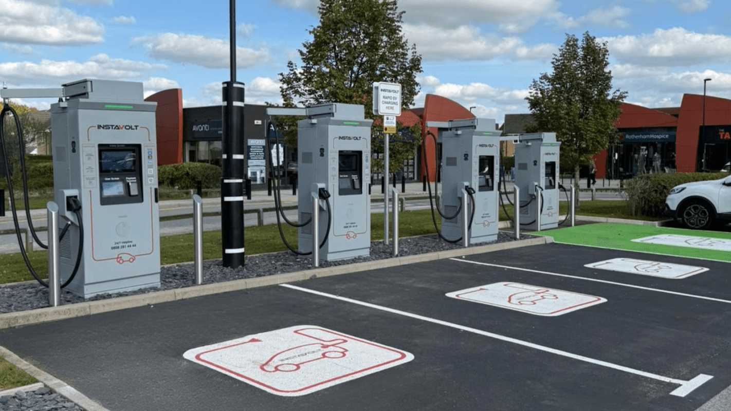InstaVolt charging station featuring multiple charging points and designated parking spaces in Darfield, Yorkshire.