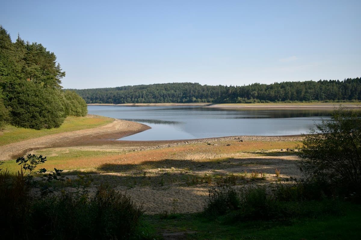 Serene lakeside view at Swinsty Moor Car Park, surrounded by trees and gentle hills under a clear blue sky.
