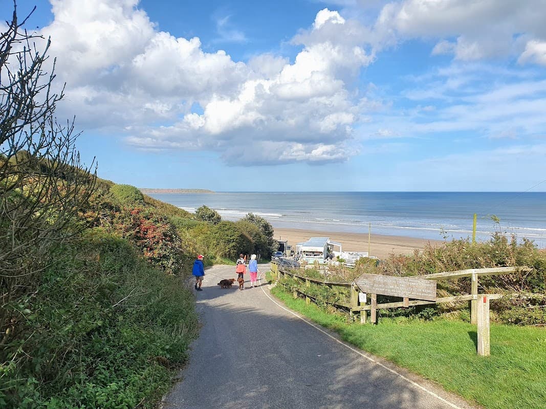 Scenic view of a coastal road leading to a beach, with people walking and lush greenery on either side.