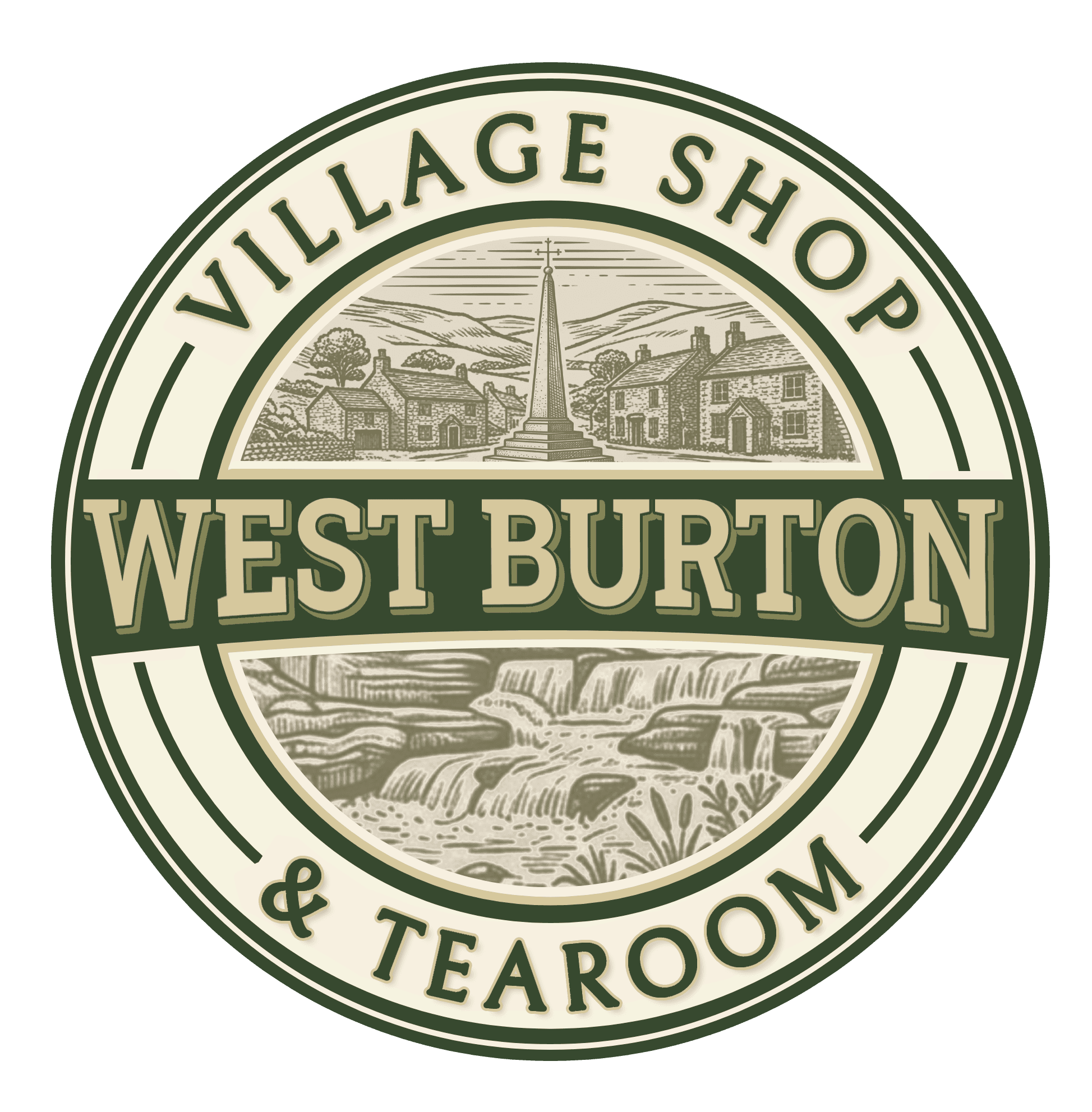 West Burton Village Shop and Tea Room with a bus stop, wooden bench, and parked car outside a stone building.