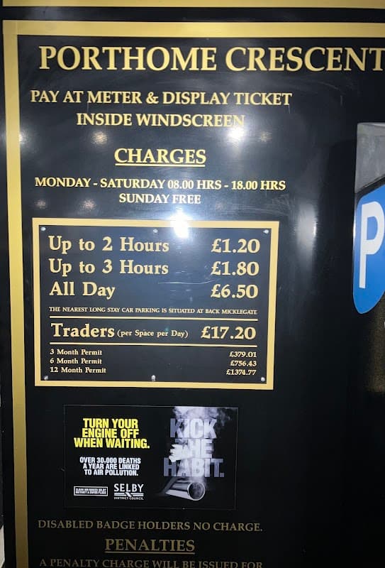 Portholme Crescent Short Stay parking sign with charges, hours, and payment instructions for Selby, Yorkshire.
