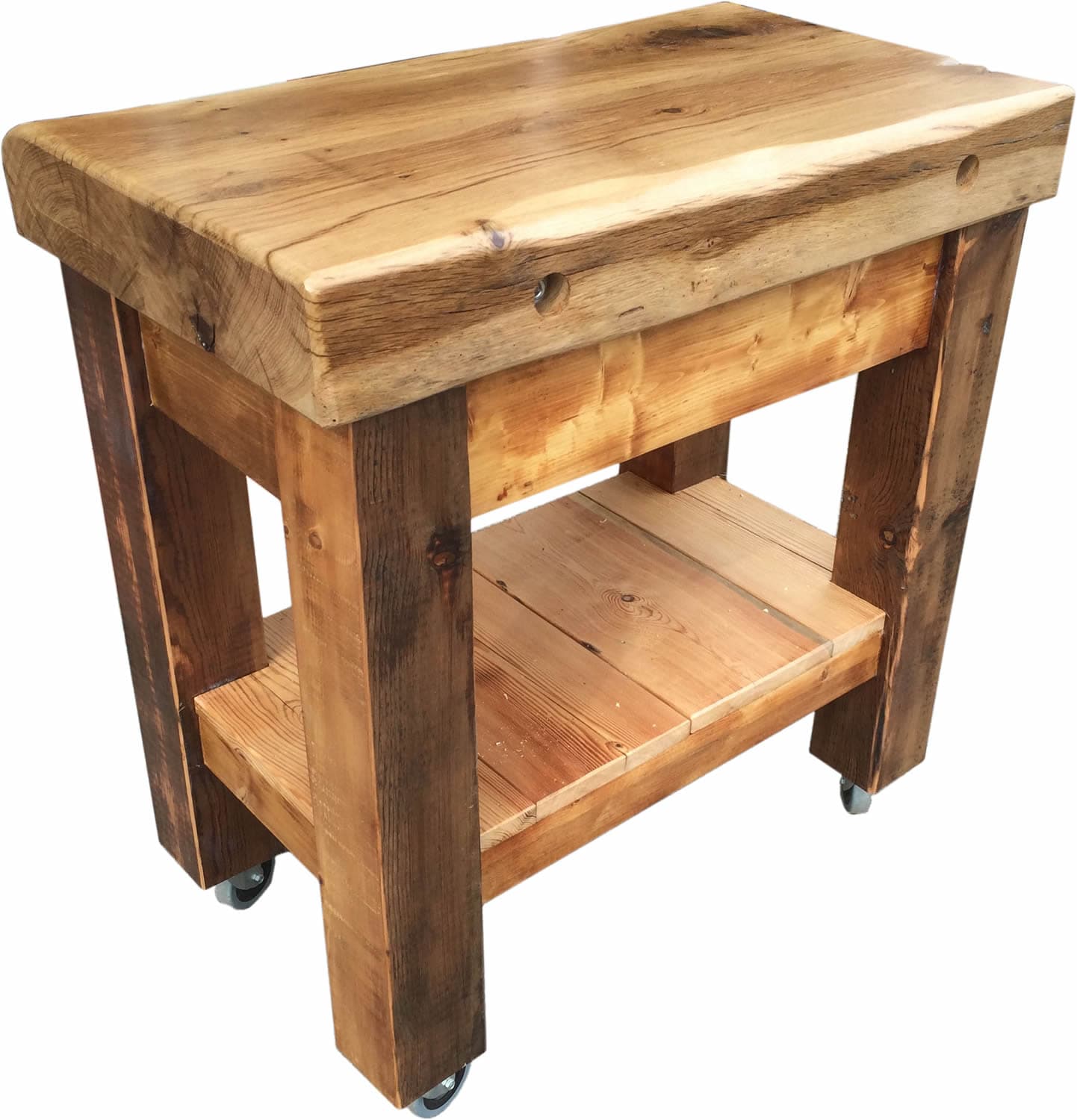 Rustic wooden kitchen island on wheels, showcasing natural wood grain, crafted by Yorkshire Farmhouse Furniture, Wetherby.