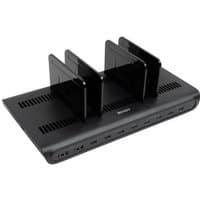 Black Lindy 73447 charging station with multiple USB ports and adjustable dividers for organizing devices.