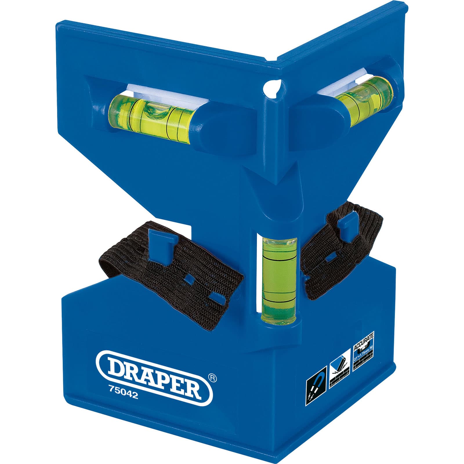 Blue plastic post level with two horizontal vials and one vertical vial, featuring black straps for securing, labeled with the Draper logo and model number 75042.