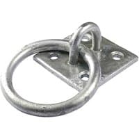 Galvanised steel ring with square base plate, four mounting holes, and a welded loop for secure attachment.