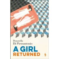 Book cover of "A Girl Returned" with two girls lying on a patterned floor, one in white dress, geometric background.