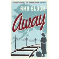 "Away" book cover with red title, silhouette of a woman by train tracks, and light blue background with map outline.