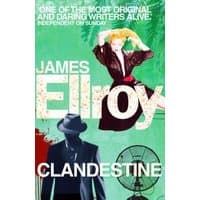 Book cover for "Clandestine" by James Ellroy, featuring a detective silhouette and a woman in a black dress on a green background.