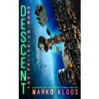 "Descent book cover, sci-fi theme with space station, spaceships, and blue cosmic background, by Marko Kloos"
