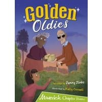 "Golden Oldies book cover with elderly couple exchanging gifts, young girl watching, purple sky background"