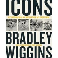 "Book titled 'Icons' by Bradley Wiggins, featuring cycling images and bold black and white text on the cover"