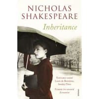"Book 'Inheritance' by Nicholas Shakespeare, cover with woman under umbrella, black and white background."