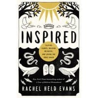 "Book titled 'Inspired' by Rachel Held Evans, featuring doves, snakes, and tablets on a black and white cover."