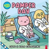 "Pamper Day coloring book with cartoon animals in robes on lounge chairs, surrounded by plants and spa items."