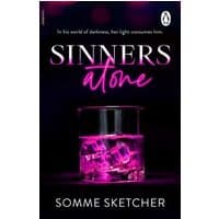 "Sinners Atone" book by Cornerstone, black cover with pink neon text and a glowing glass of ice cubes.