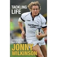 "Tackling Life" book by Headline Publishing, features athlete in white rugby uniform holding a ball on the cover.