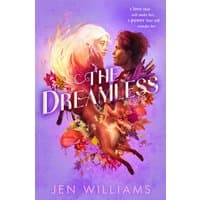Purple cover of "The Dreamless" by Jen Williams, featuring two figures surrounded by colorful flowers.