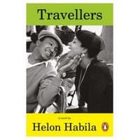 "Travellers novel by Helon Habila, cover with black and white photo of a smiling couple, green and yellow background"