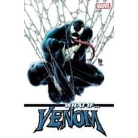 Comic book cover featuring Venom crouching in a web, with a long tongue and muscular black suit with white spider emblem.
