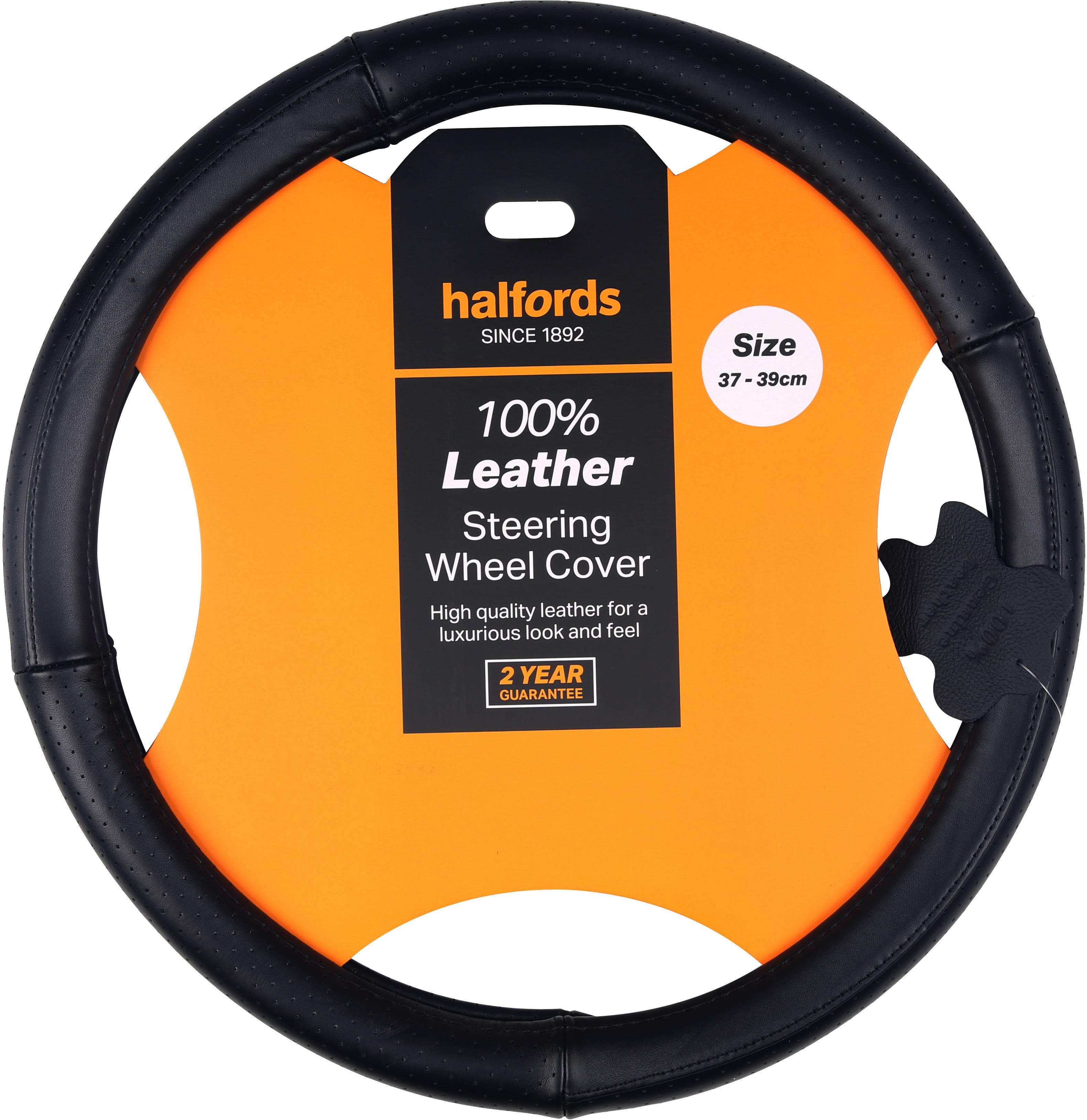 Halfords Black 100% leather steering wheel cover