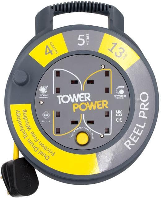 Tower 4 Socket 5 Metre 13 Amp Reel Pro Cassette