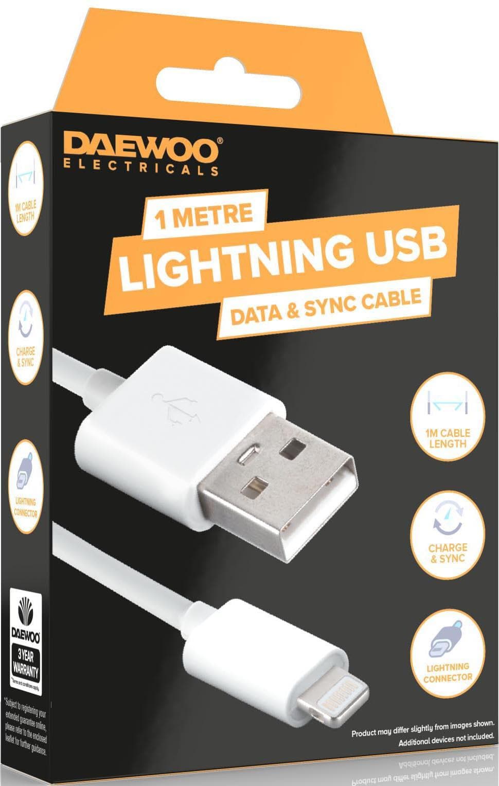 DAEWOO 1 METRE USB-A TO 8 PIN LIGHTNING CABLE 1A