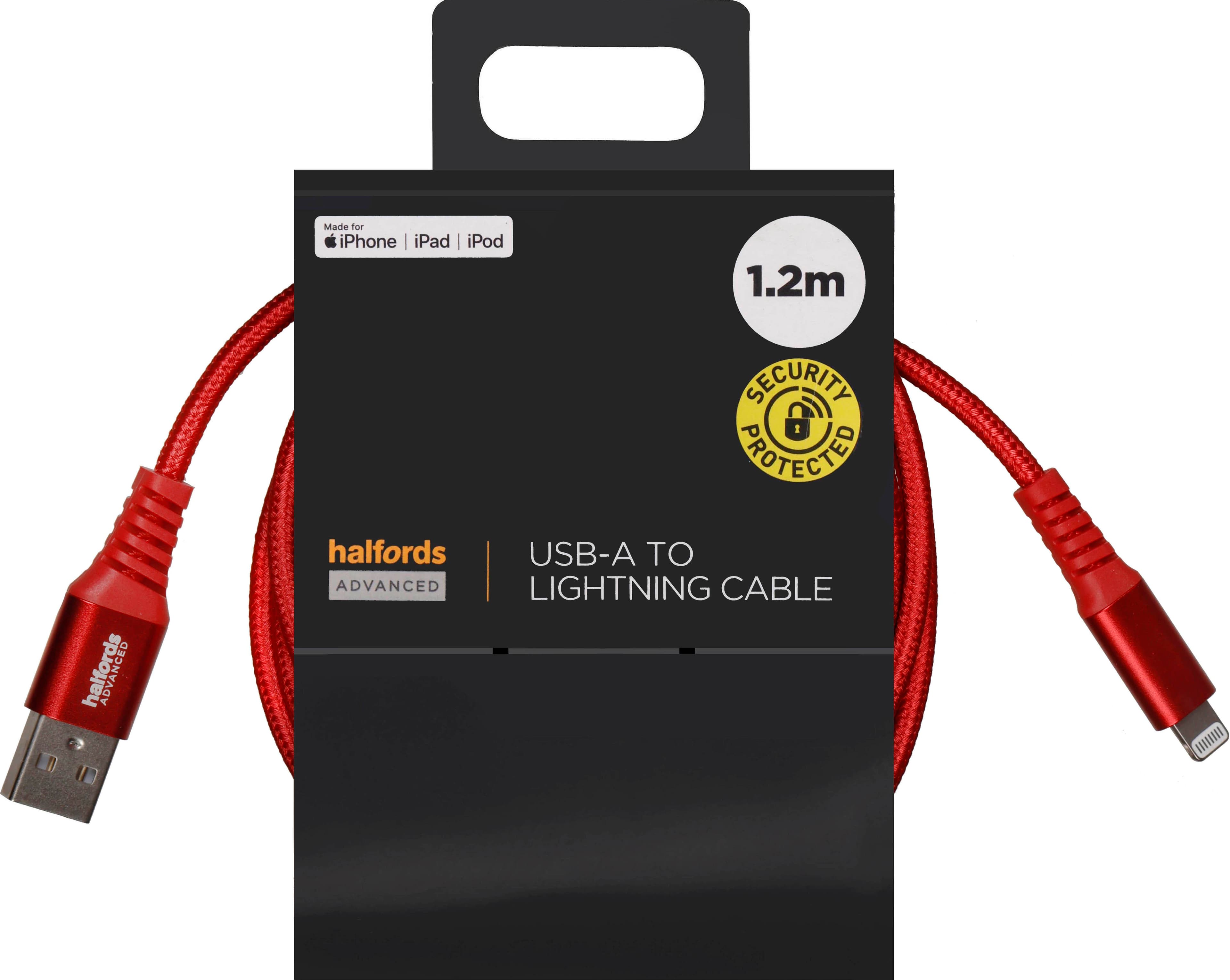 Halfords USB-A to Lightning 1.2m Red
