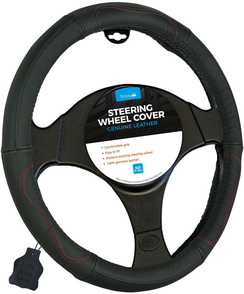 100% Leather Steering Wheel Cover Red Stitching