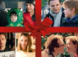 Collage of scenes from "Love Actually" with a red ribbon and bow, featuring various characters in emotional moments.