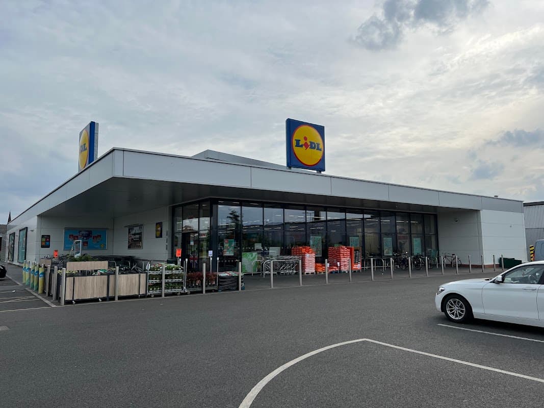 Lidl grocery store in York, featuring a modern facade, shopping carts, and a parking area with a car.
