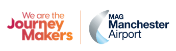 Colorful logo of Manchester Airport alongside the phrase "We are the Journey Makers," set against a clean white background.