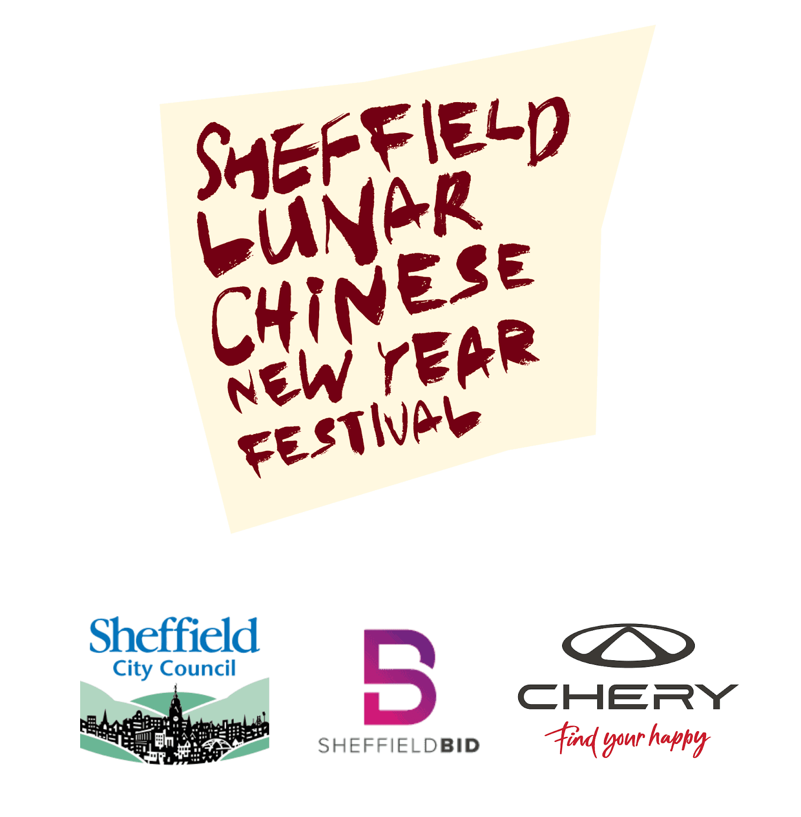 Bold text announcing "Sheffield Lunar Chinese New Year Festival" with logos of Sheffield City Council, Sheffield BID, and Chery.