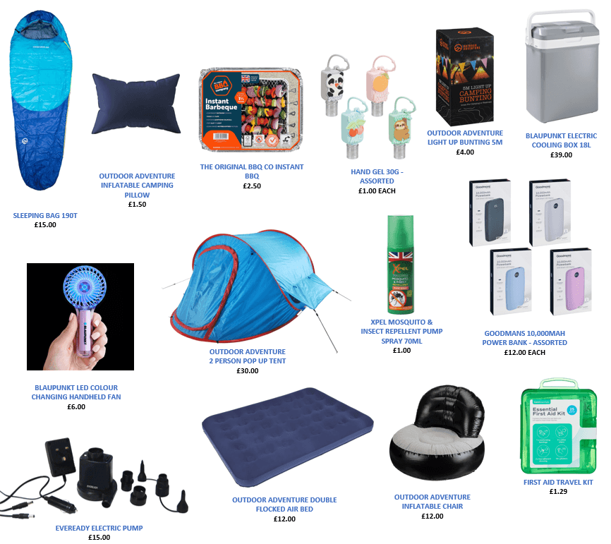 Camping gear display including tents, sleeping bag, and gadgets