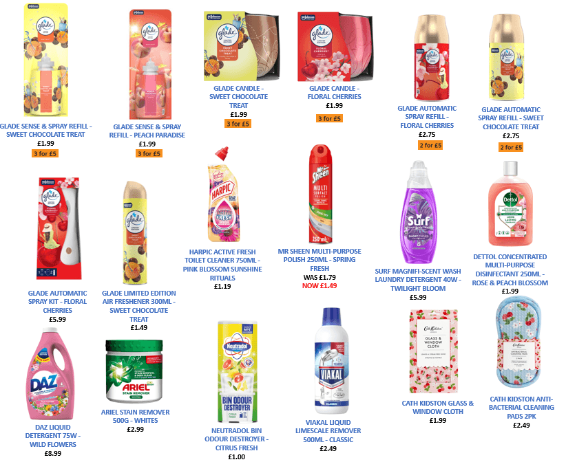 Assorted household cleaning products and air fresheners on display
