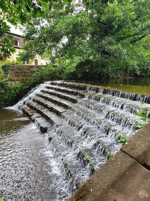 A cascading waterfall flows over stone steps, surrounded by lush greenery and a calm waterway in Waterfall Park, Ayton.