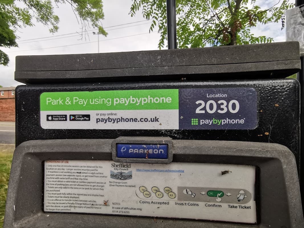 Pay and display parking meter with instructions for using PaybyPhone and location number 2030 in Sheffield.