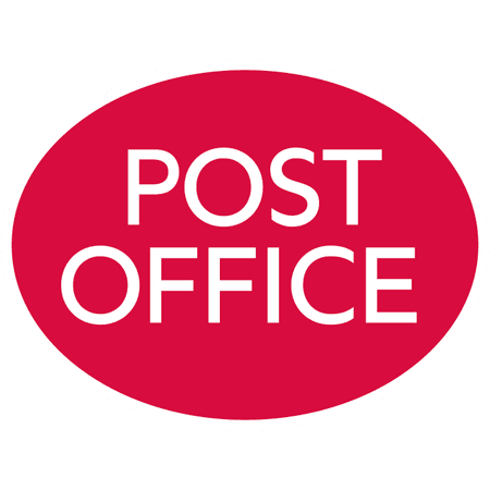 Red oval sign with white text reading "POST OFFICE".
