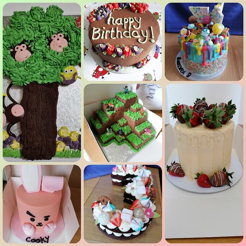 Colorful cakes with various themes including animals, birthdays, and a decorated tree, featuring vibrant frosting and toppings.